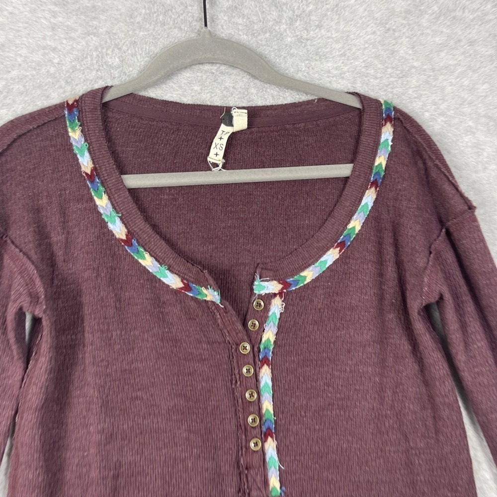 Free People We The Free Waffle Knit Henley Top Womens XS Burgundy Thermal - Picture 4 of 12